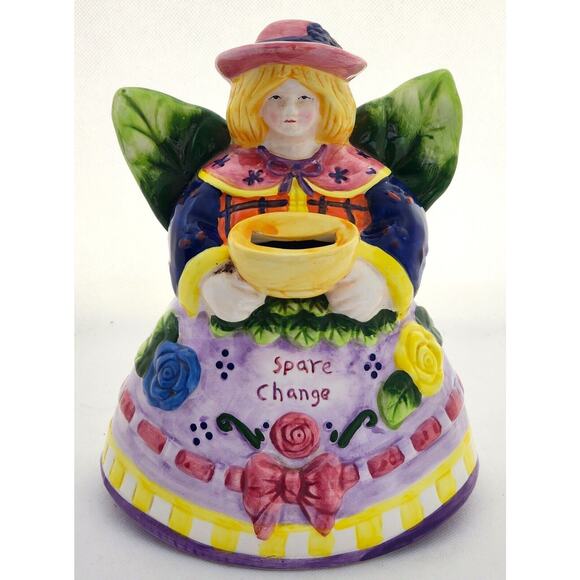 BANK-GARDEN ANGEL-"SPARE CHANGE"-Floral/Leaves-Bottom Stopper-Unique-Shelf Decor - Picture 7 of 11
